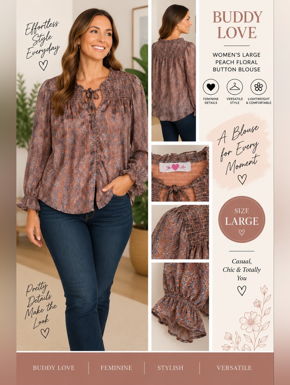 Buddy love women's large peach floral button Blouse #30